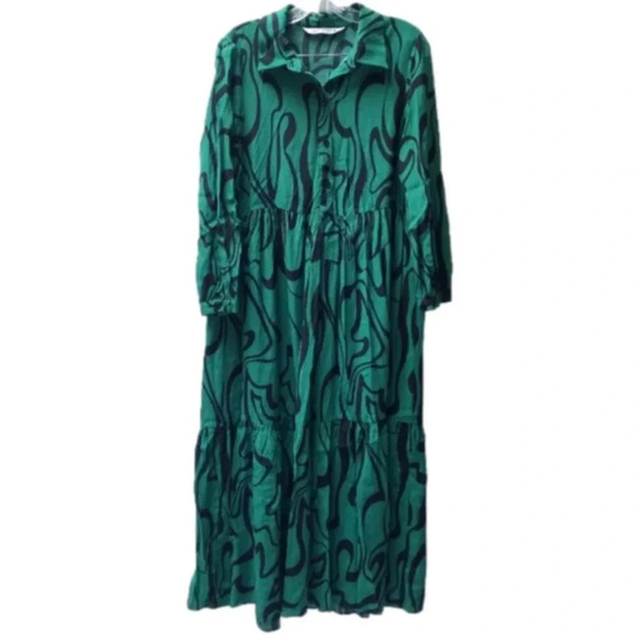 Zara Swirl Print Green Black Long Sleeve Button Up Maxi Dress Blogger's Fav M - Picture 11 of 16